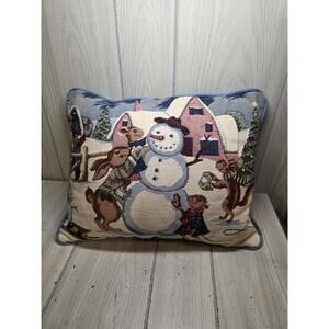 Vtg Tapestry Pillow Winter Scene Holiday Snowman Bunnies Bird Cardinal Barn